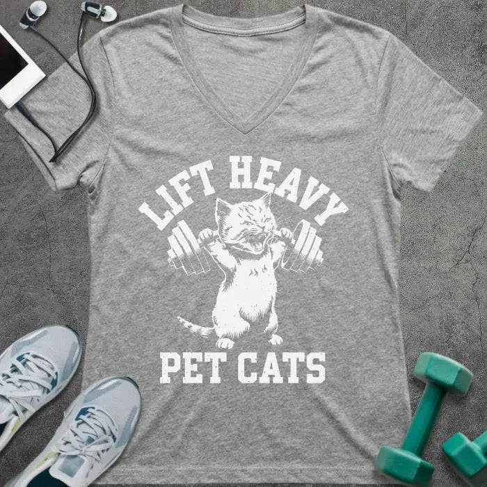 Athletic heather t-shirt printed with "Lift Heavy Pet Cats" in white, with cat holding dumbbell graphic
