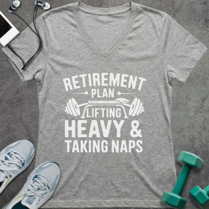 Athletic heather t-shirt printed with "Retirement Plan: Lifting Heavy & Taking Naps" in white, with a barbell graphic