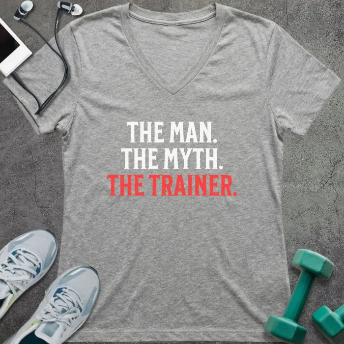 Athletic heather t-shirt printed with "The Man. the Myth. the Trainer." in red and white