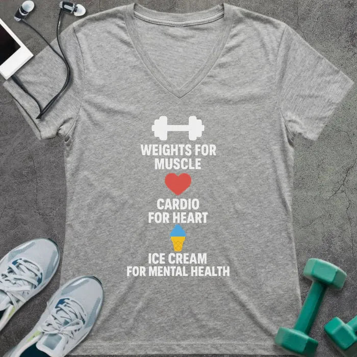 Athletic heather t-shirt printed with "Weights for Muscle Cardio for Heart Ice Cream for Mental Health" in white, red, blue, yellow, with a dumbbell, heart, and ice cream cone icon between lines