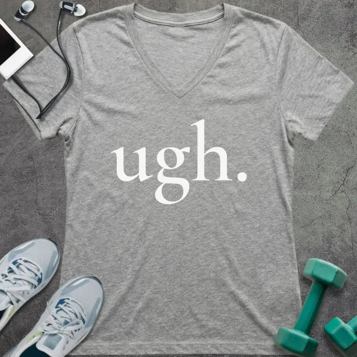 Athletic heather t-shirt printed with "ugh."