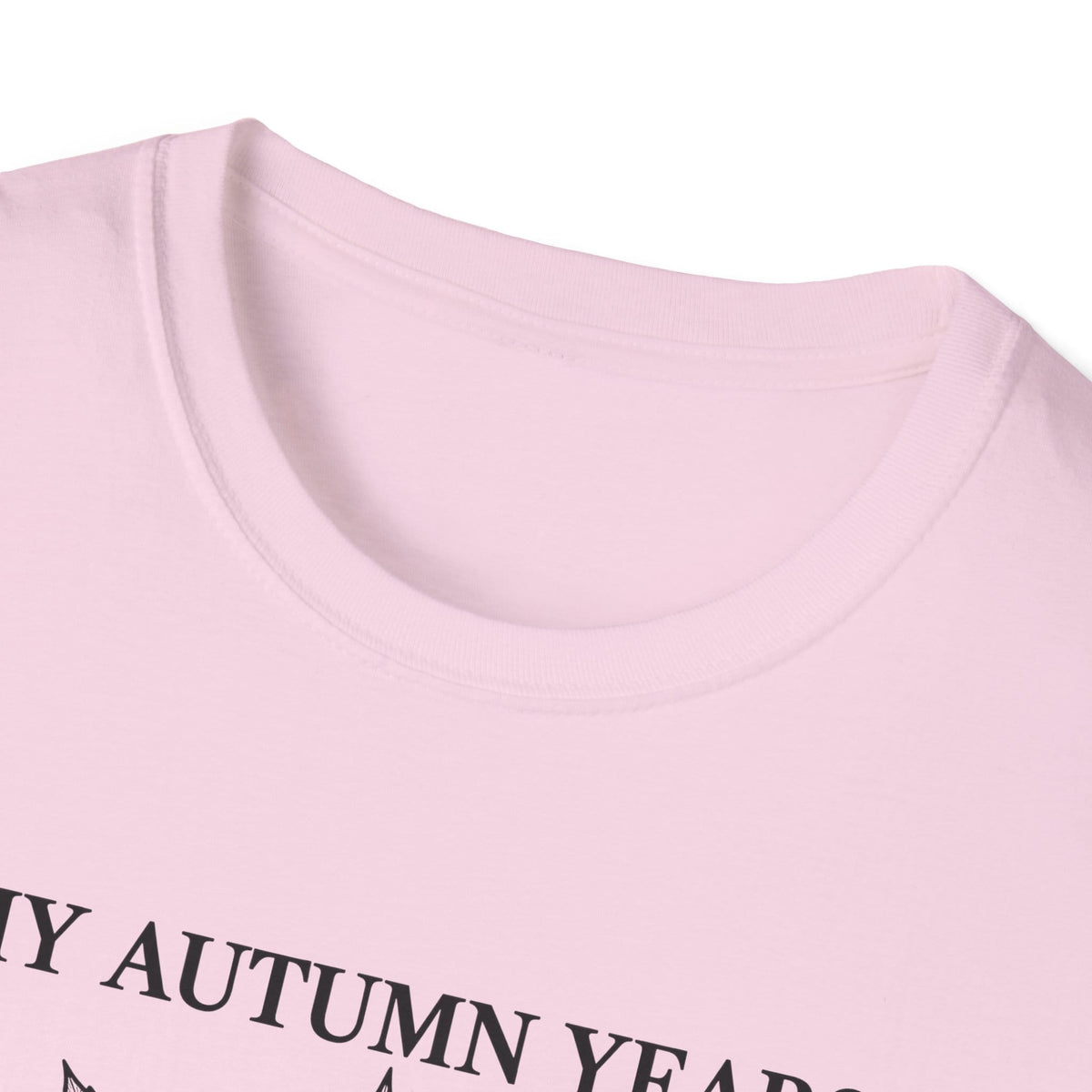 Close-up of the light pink t-shirt collar and the top of the print