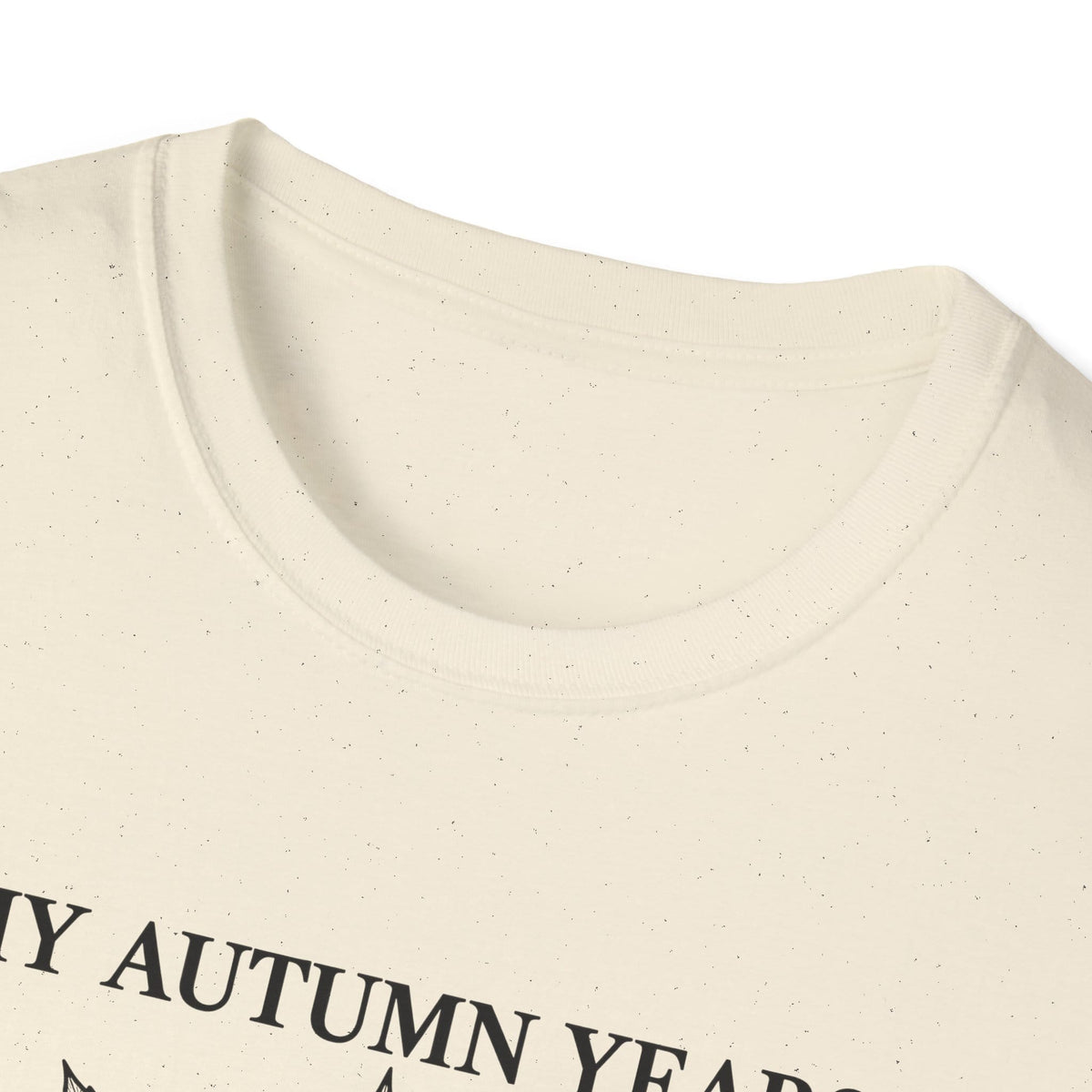 Close-up of the natural t-shirt collar and the top of the print