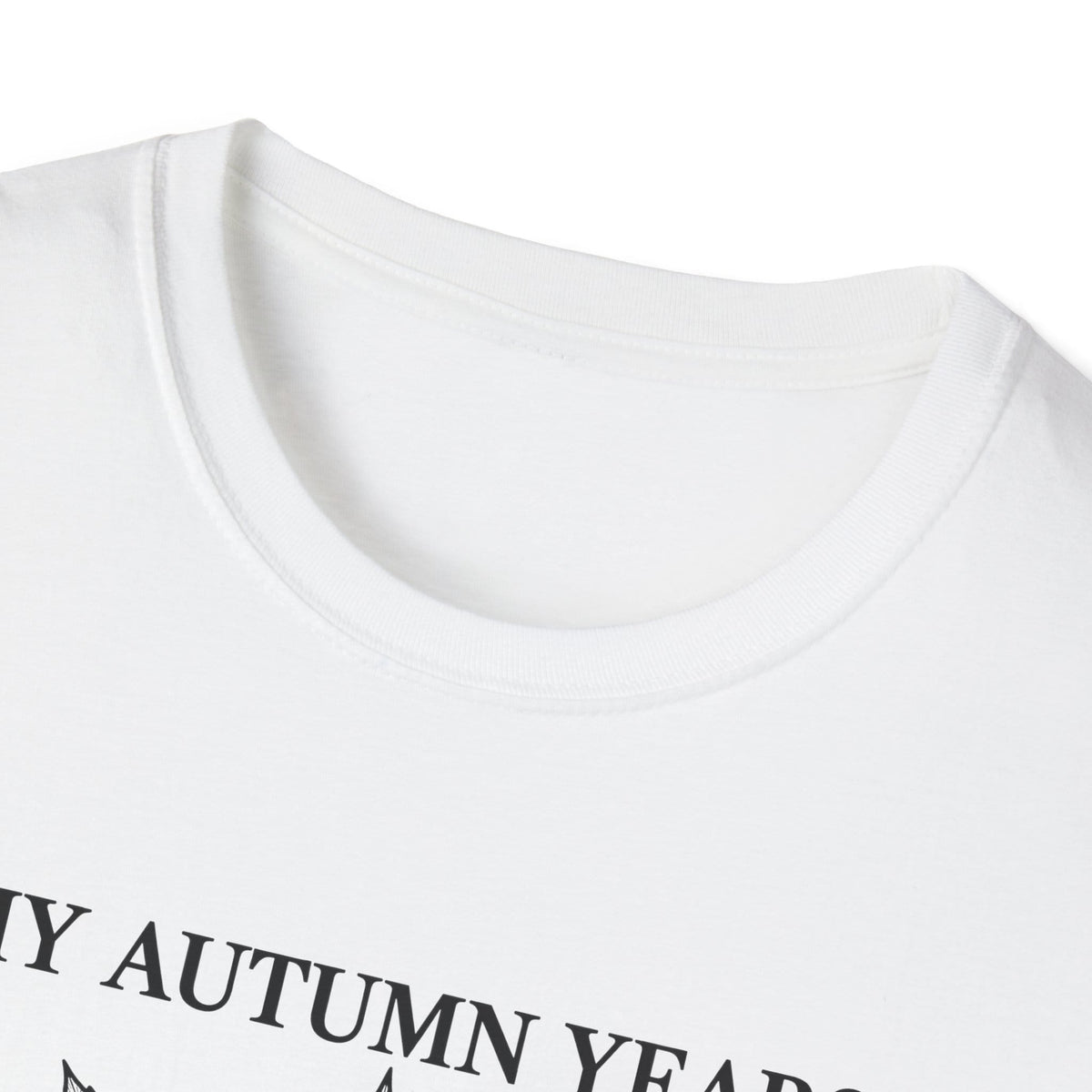 Close-up of the white t-shirt collar and the top of the print