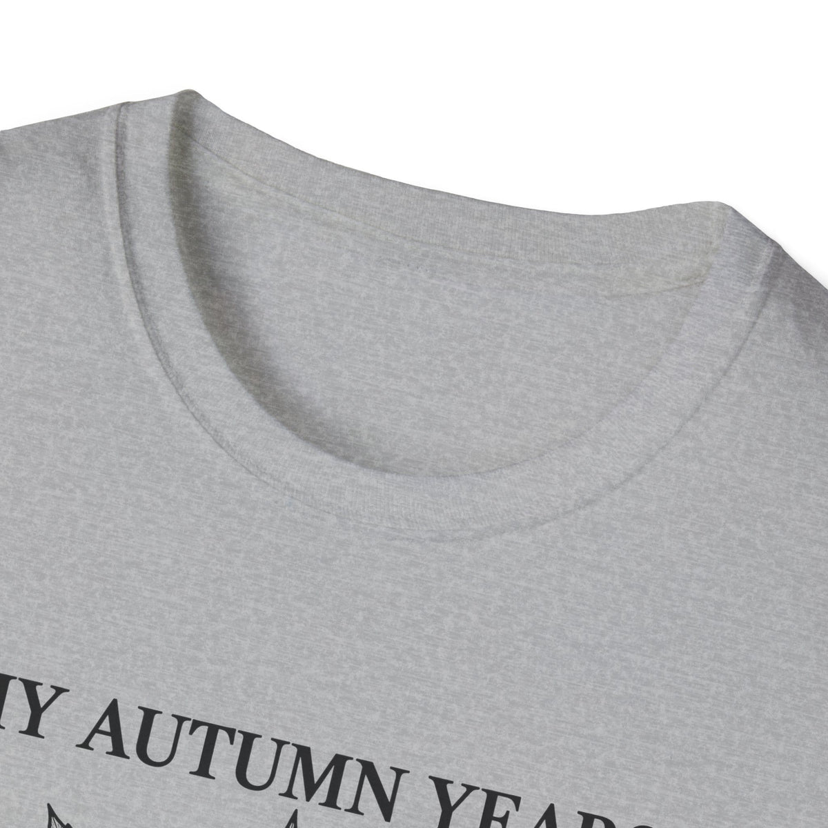 Close-up of the sport grey t-shirt collar and the top of the print