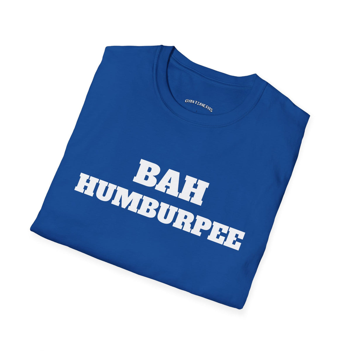 Folded royal blue t-shirt printed with "BAH HUMBURPEE" in white