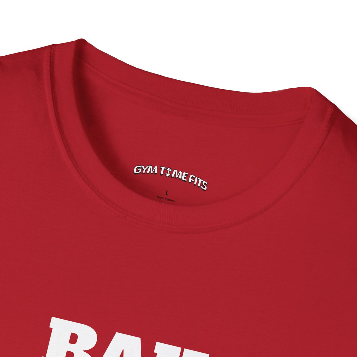 Close-up of the cherry red t-shirt collar with the Gym Time Fits neck label