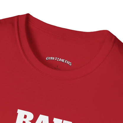 Close-up of the cherry red t-shirt collar with the Gym Time Fits neck label