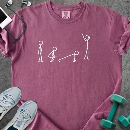 Berry t-shirt with stick figures doing burpees graphic in white