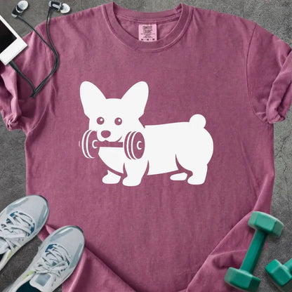 Berry t-shirt with a corgi holding dumbbells graphic in white