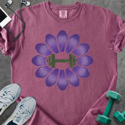 Berry t-shirt with purple crocus flowers and dumbbell in center in purple and green