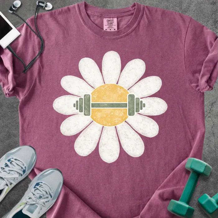 Berry t-shirt with white daisy and barbell in center in white and yellow