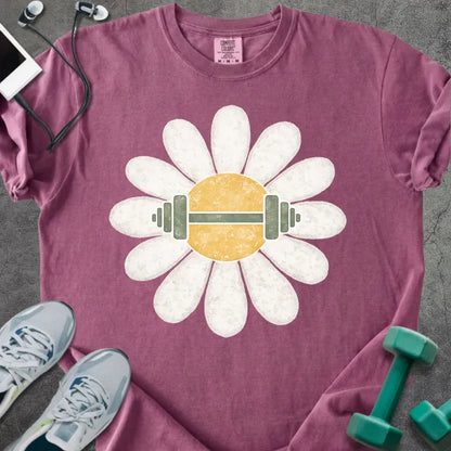 Berry t-shirt with white daisy and barbell in center in white and yellow