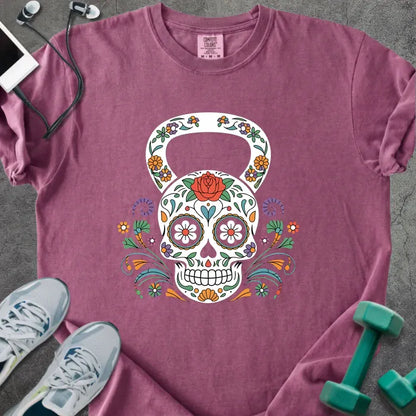 Berry t-shirt with a floral skull kettlebell graphic in multicolor