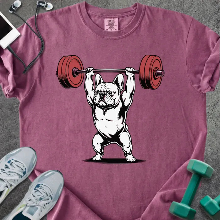 Berry t-shirt with a French bulldog lifting a barbell