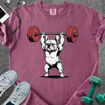 Berry t-shirt with a French bulldog lifting a barbell