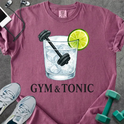 Berry t-shirt printed with "Gym & Tonic", with a kettlebell in a glass and lime graphic