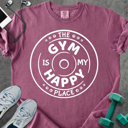 Berry t-shirt printed with "The Gym is my Happy Place" in white, with a barbell graphic