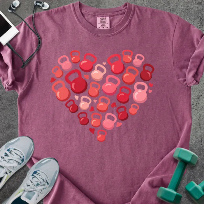 Berry t-shirt with red kettlebells arranged in a heart shape in red and pink