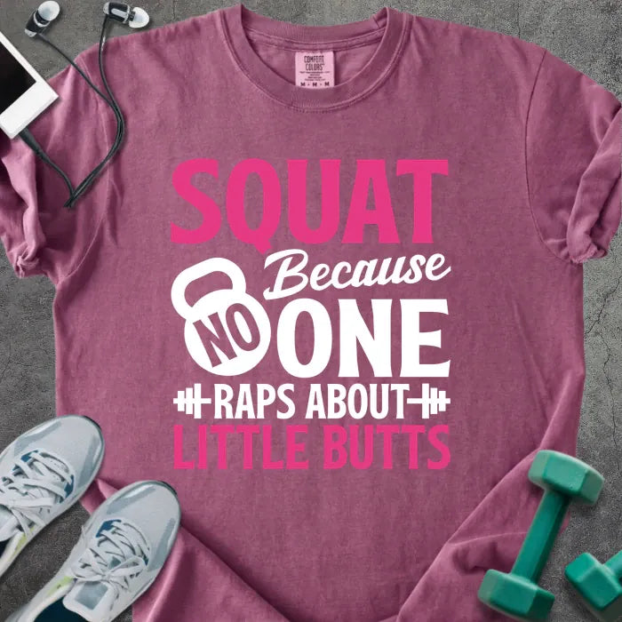 Berry t-shirt printed with "SQUAT Because NOBODY RAPS ABOUT LITTLE BUTTS" in pink and white