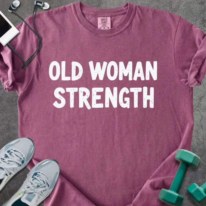Berry t-shirt printed with "Old Woman Strength" in white