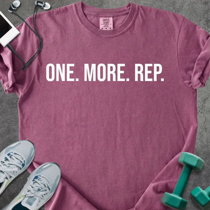Berry t-shirt printed with "One. More. Rep." in white