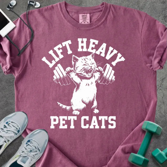 Berry t-shirt printed with "Lift Heavy Pet Cats" in white, with a cat lifting a barbell