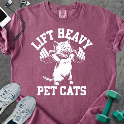 Berry t-shirt printed with "Lift Heavy Pet Cats" in white, with a cat lifting a barbell