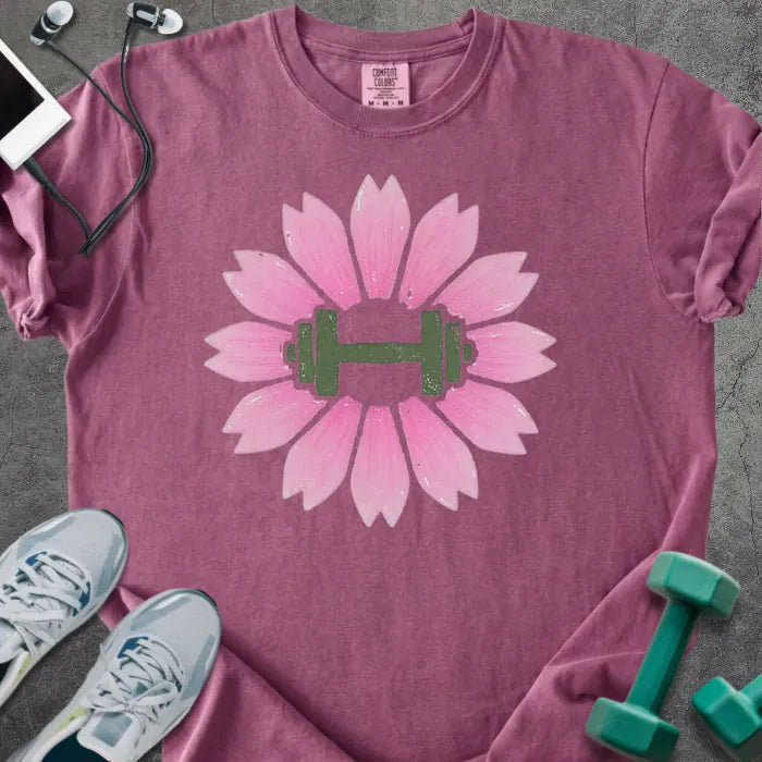 Berry t-shirt with pink sakura flowers and barbell in center in pink and green