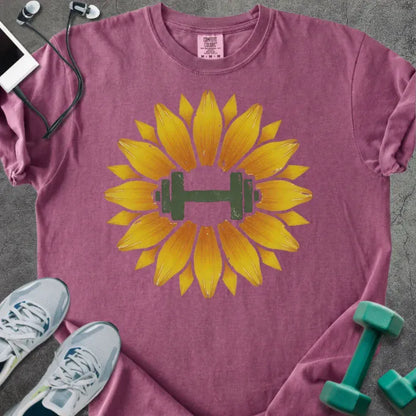 Berry t-shirt with yellow sunflower and dumbbell in center in yellow and green