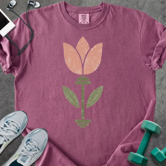 Berry t-shirt with pink tulip flower and barbell in pink and green
