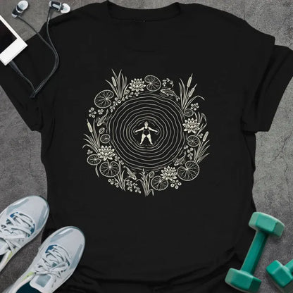Black t-shirt printed with cream line art of a woman floating on her back in a rippling pond, ringed by water lilies, lily pads, cattails and koi