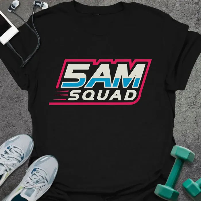 Black t-shirt printed with "5AM Squad" in white, pink, and cyan, with racing-style stripe graphic