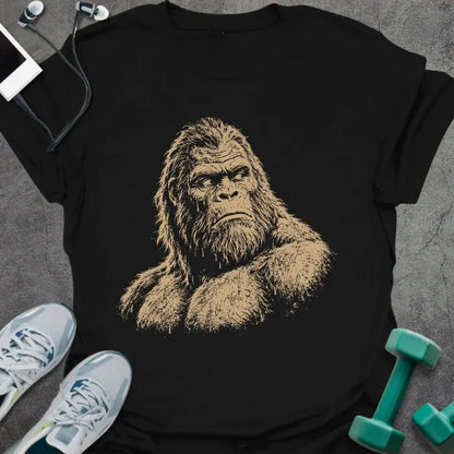 Black t-shirt with an illustration of Bigfoot's face looking to the side in white