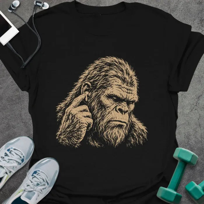 Black t-shirt with an illustration of Bigfoot's face with a concerned expression in white