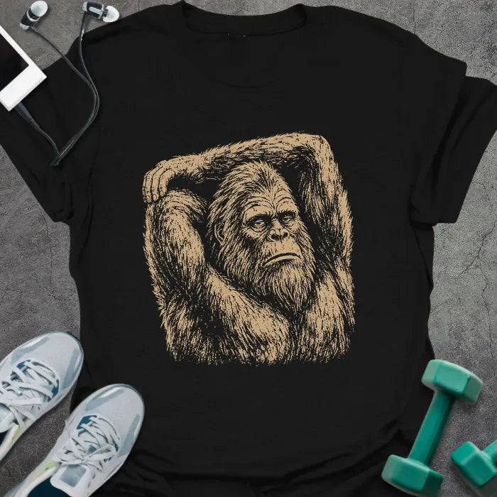 Black t-shirt with an illustration of Bigfoot stretching with one arm over its head in white