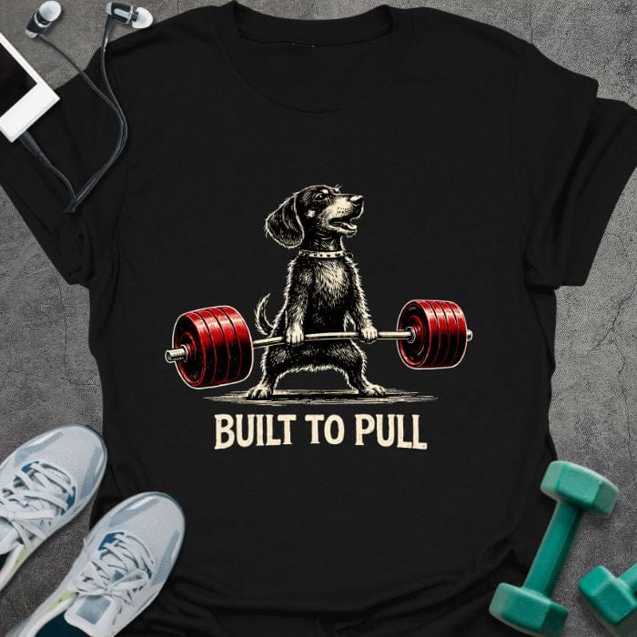 Black t-shirt printed with "Built to Pull" in white, red, with a dog lifting a barbell