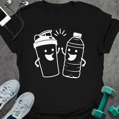 Black t-shirt with a shaker cup and water bottle high-fiving each other
