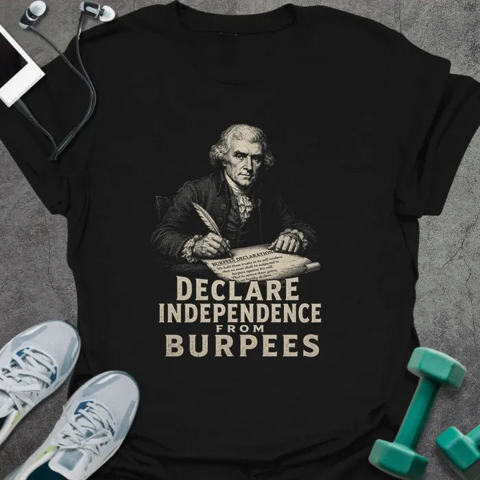 Black t-shirt printed with "Declare Independence From Burpees" in white and gold, with a historical figure graphic