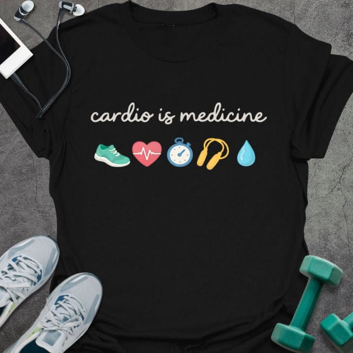 Black t-shirt printed with "cardio is medicine" in green, red, blue, yellow, with emoji icons: shoe, heart, timer, headphones, water droplet