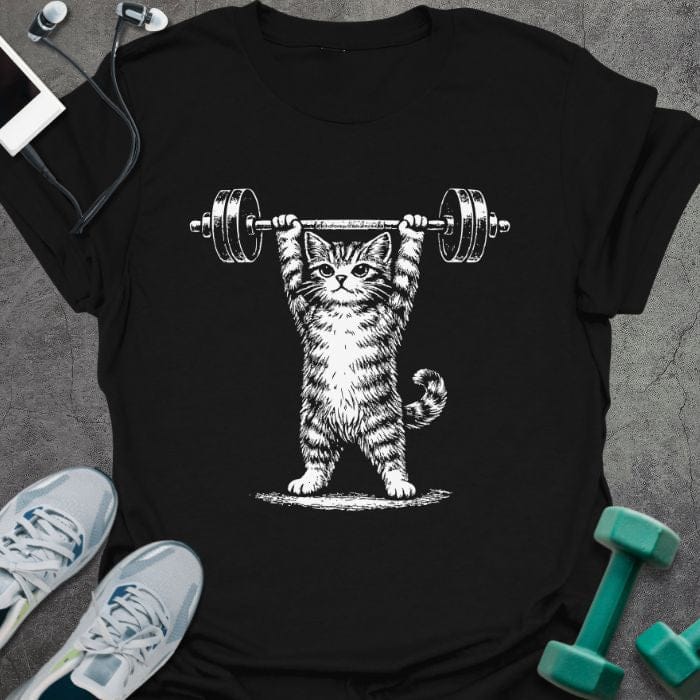 Black t-shirt with an illustration of a cat doing an overhead press in white