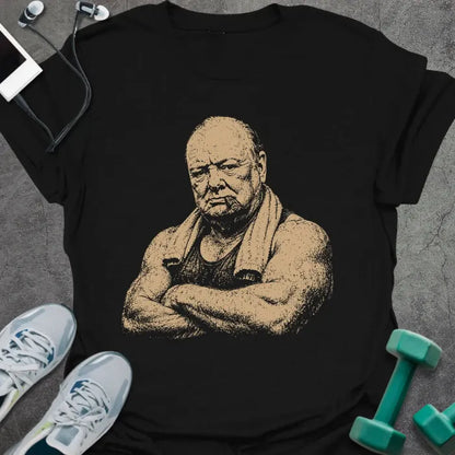 Black t-shirt with a portrait of Winston Churchill flexing with crossed arms in white