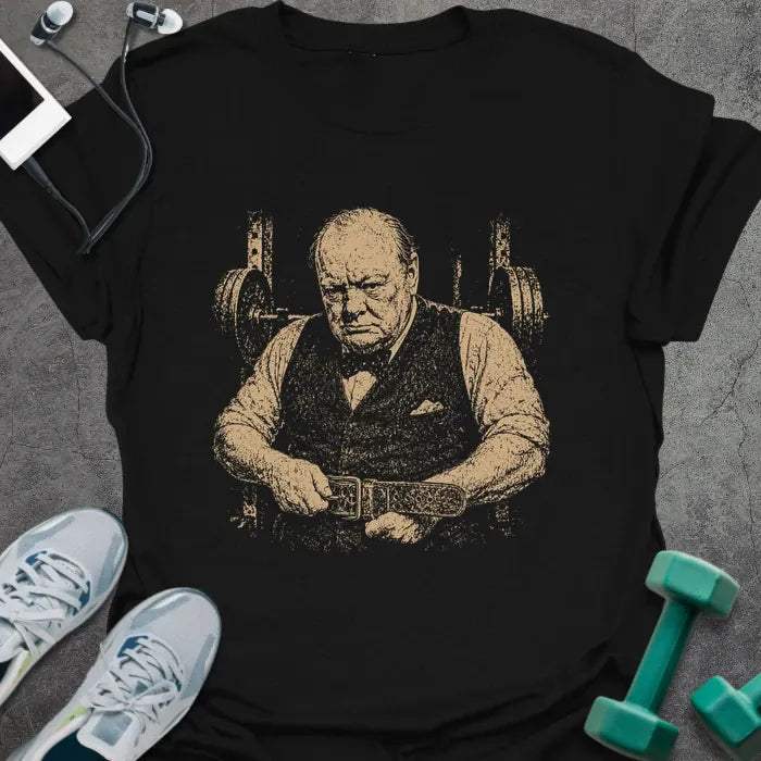 Black t-shirt with a portrait of Winston Churchill in a tank top in white