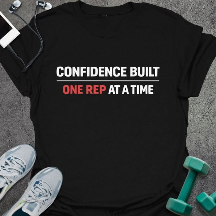 Black t-shirt printed with "Confidence Built One Rep at a Time" in white and red