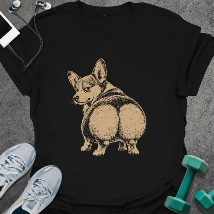 Black t-shirt with an illustration of a Corgi flexing from behind in white