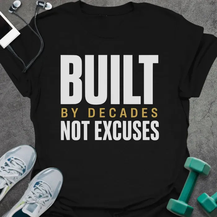 Black t-shirt printed with "Built By Decades Not Excuses" in white and gold