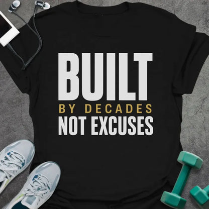 Black t-shirt printed with "Built By Decades Not Excuses" in white and gold