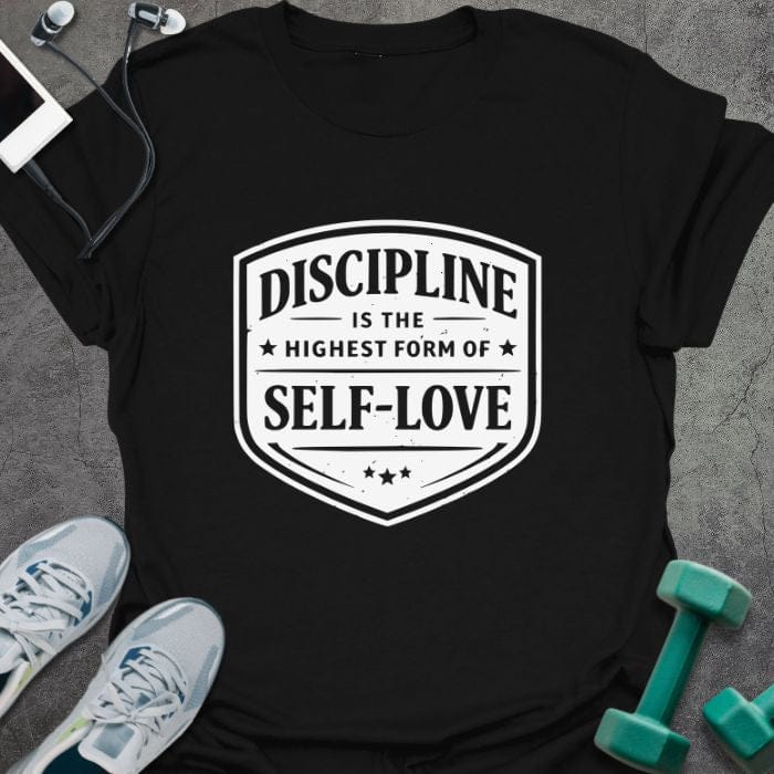 Black t-shirt printed with "Discipline is the Highest Form of Self-love", with shield badge design
