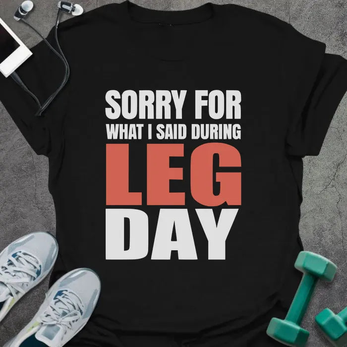Black t-shirt printed with "Sorry for What I Said During Leg Day" in white and red