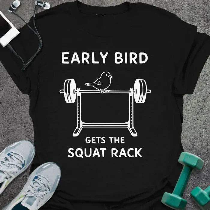 Black t-shirt printed with "Early Bird Gets the Squat Rack" in white, with a white line art bird on a barbell